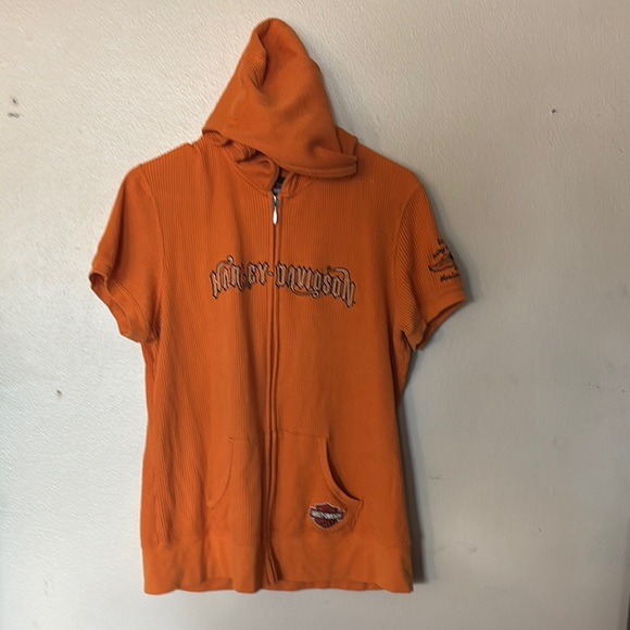 Harley-Davidson Orange Short Sleeve Zip Up Hoodie Size Medium - Picture 7 of 8